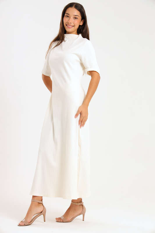 Ladies Short Sleeve Ribbed High Neck Midaxi Dress