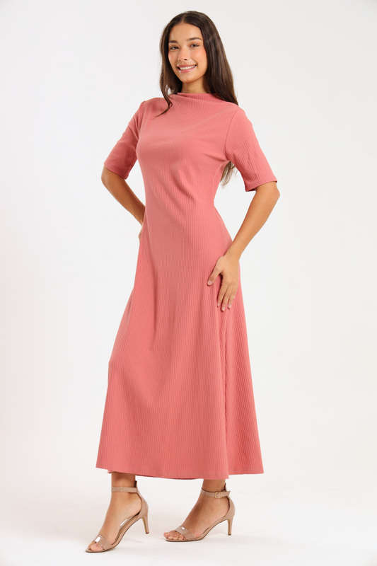 Ladies Short Sleeve Ribbed High Neck Midaxi Dress