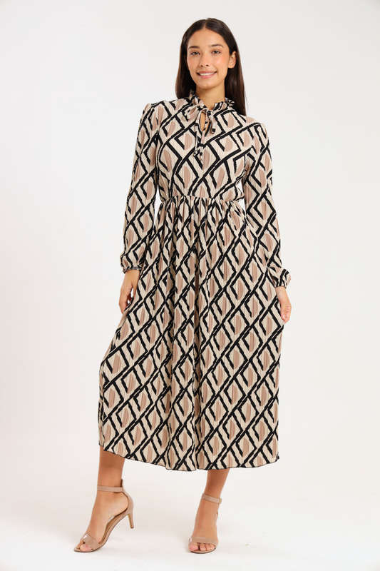 Rosa Abstract Printed Long Sleeve Midaxi Ruffle Dress