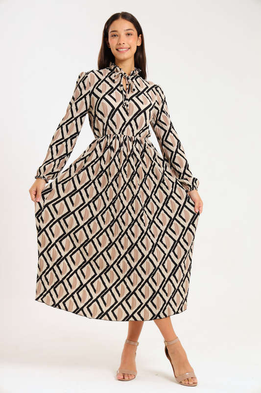 Rosa Abstract Printed Long Sleeve Midaxi Ruffle Dress