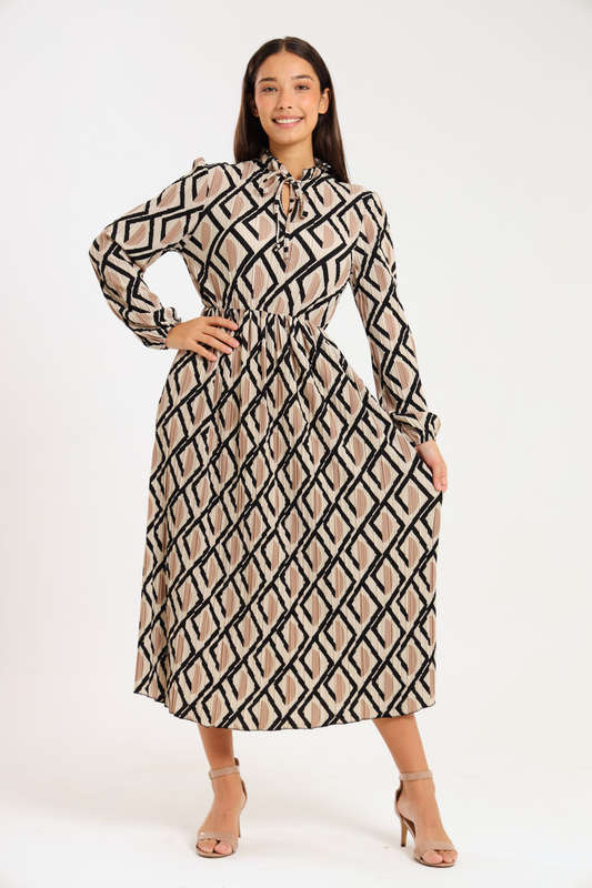 Rosa Abstract Printed Long Sleeve Midaxi Ruffle Dress