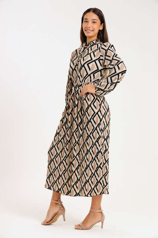 Rosa Abstract Printed Long Sleeve Midaxi Ruffle Dress