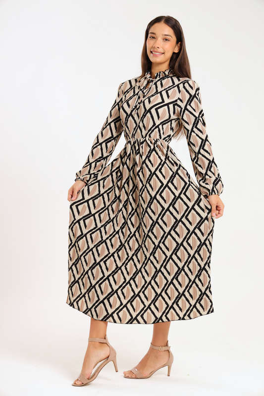 Rosa Abstract Printed Long Sleeve Midaxi Ruffle Dress