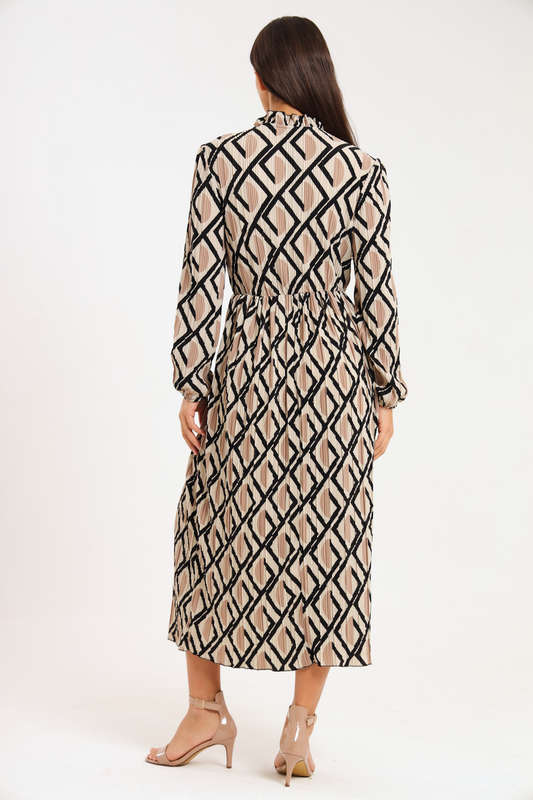 Rosa Abstract Printed Long Sleeve Midaxi Ruffle Dress