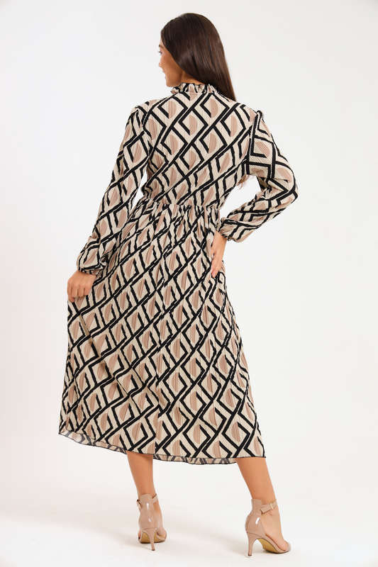 Rosa Abstract Printed Long Sleeve Midaxi Ruffle Dress