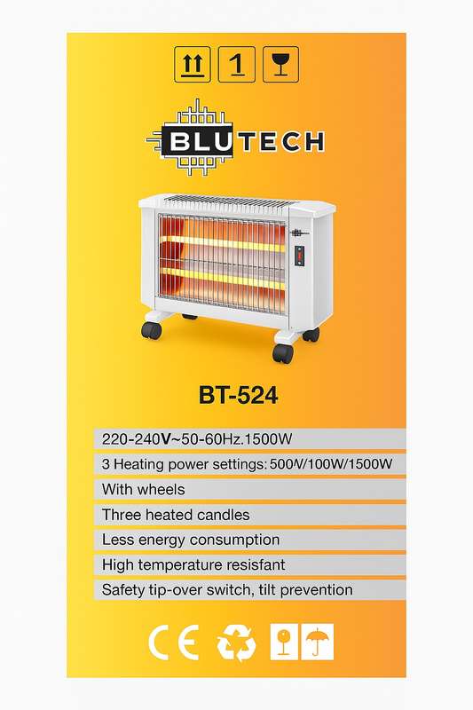 Blutech 1200W 3 Bar Quartz Heater 1500W BT-524 On Wheels