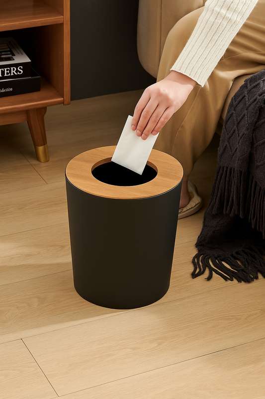 Clayton Modern 7L Black Bathroom Bedroom Dustbin With Bamboo Lid