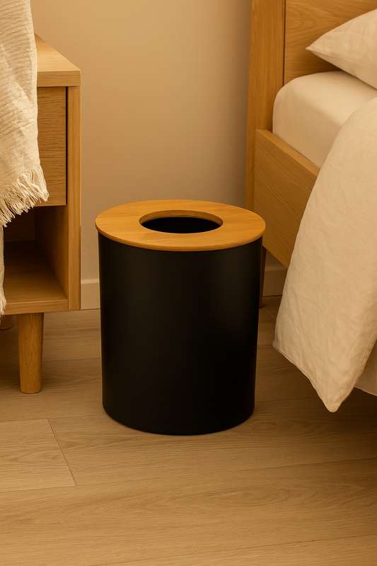 Clayton Modern 7L Black Bathroom Bedroom Dustbin With Bamboo Lid