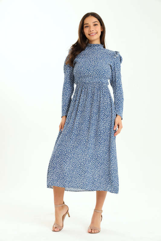 Ladies Alina Long Sleeve Frill Neck Midaxi Dress