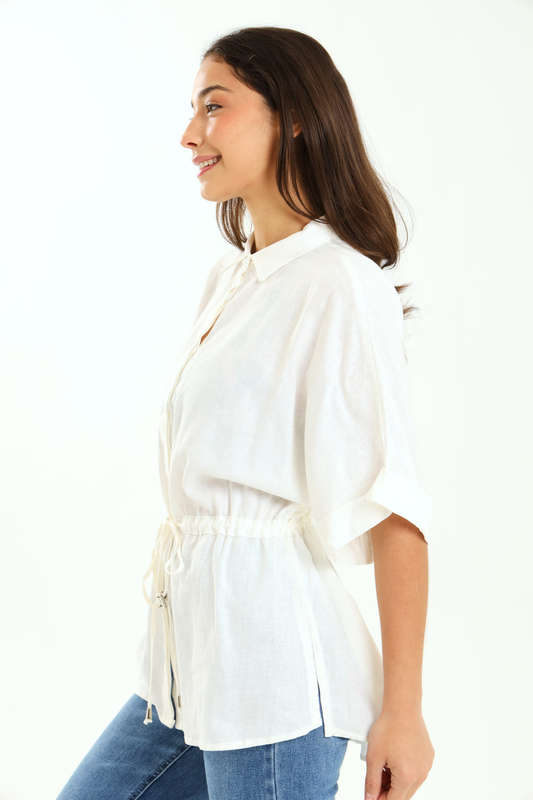 Ladies Branded White Relaxed Linen Shirt with Drawstrings 100% Linen