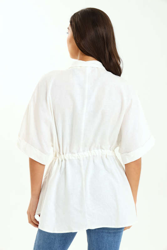 Ladies Branded White Relaxed Linen Shirt with Drawstrings 100% Linen