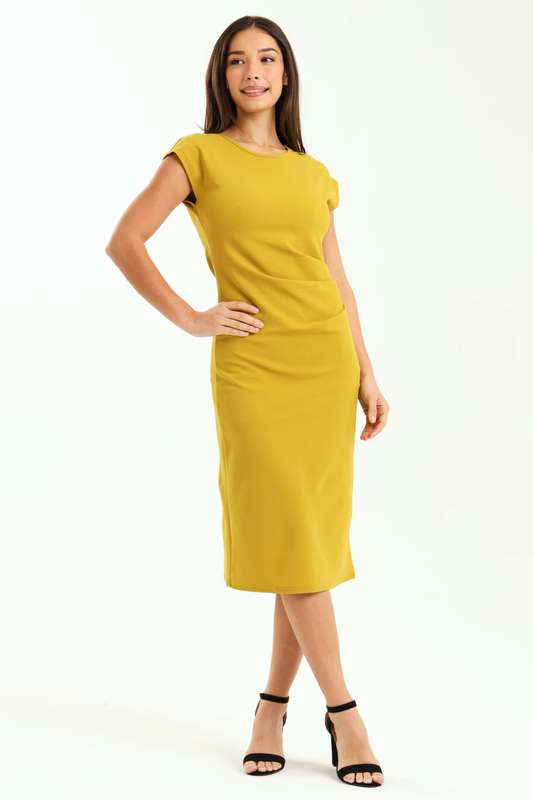 Ladies Diva Cap Sleeve Midi Office Dress With Ruched Detail