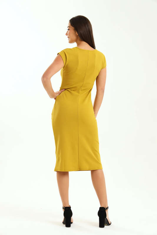 Ladies Diva Cap Sleeve Midi Office Dress With Ruched Detail