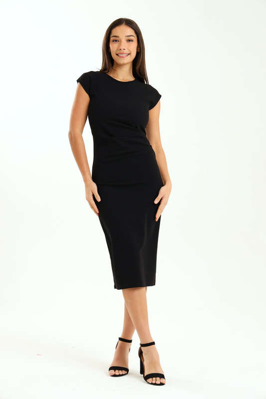 Ladies Diva Cap Sleeve Midi Office Dress With Ruched Detail