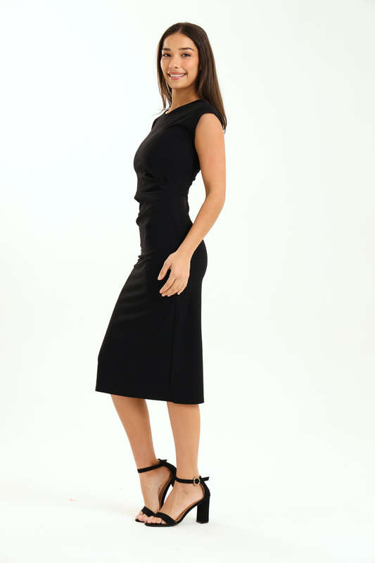 Ladies Diva Cap Sleeve Midi Office Dress With Ruched Detail