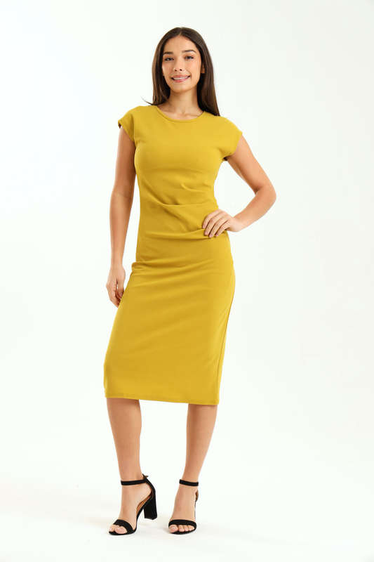 Ladies Diva Cap Sleeve Midi Office Dress With Ruched Detail