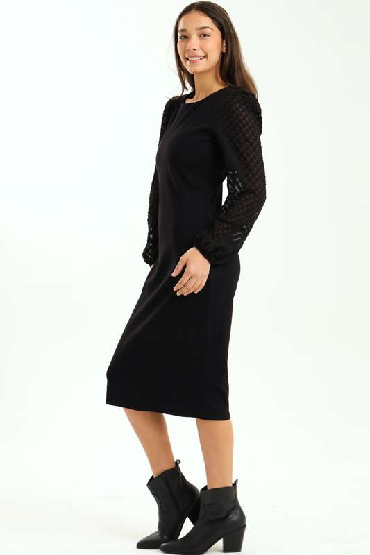Ladies Morgan Crochet Chiffon Bubble Long Sleeve Knitted Midaxi Black Dress