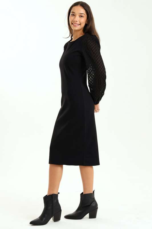 Ladies Morgan Crochet Chiffon Bubble Long Sleeve Knitted Midaxi Black Dress