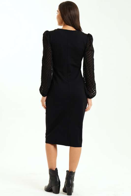 Ladies Morgan Crochet Chiffon Bubble Long Sleeve Knitted Midaxi Black Dress