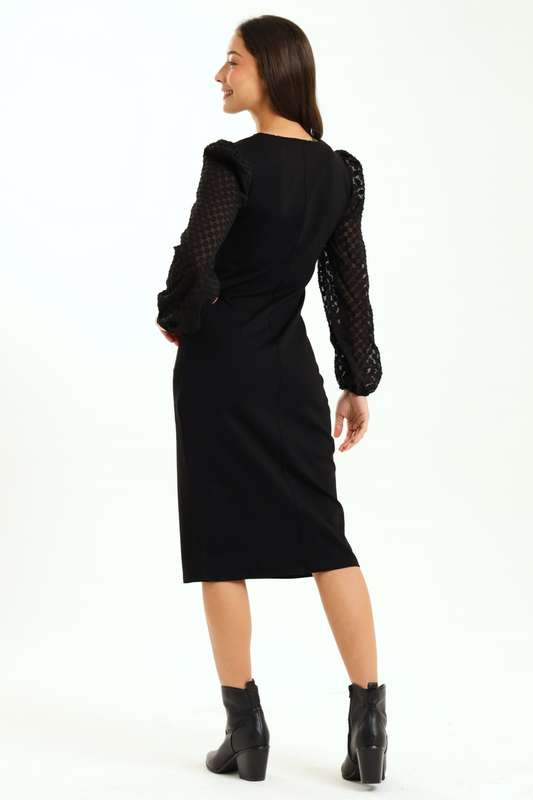 Ladies Morgan Crochet Chiffon Bubble Long Sleeve Knitted Midaxi Black Dress