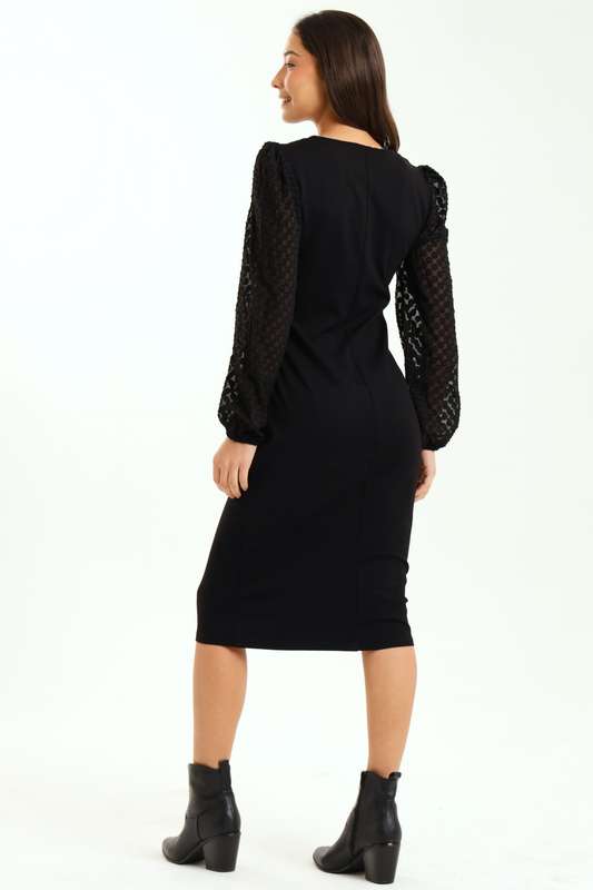 Ladies Morgan Crochet Chiffon Bubble Long Sleeve Knitted Midaxi Black Dress