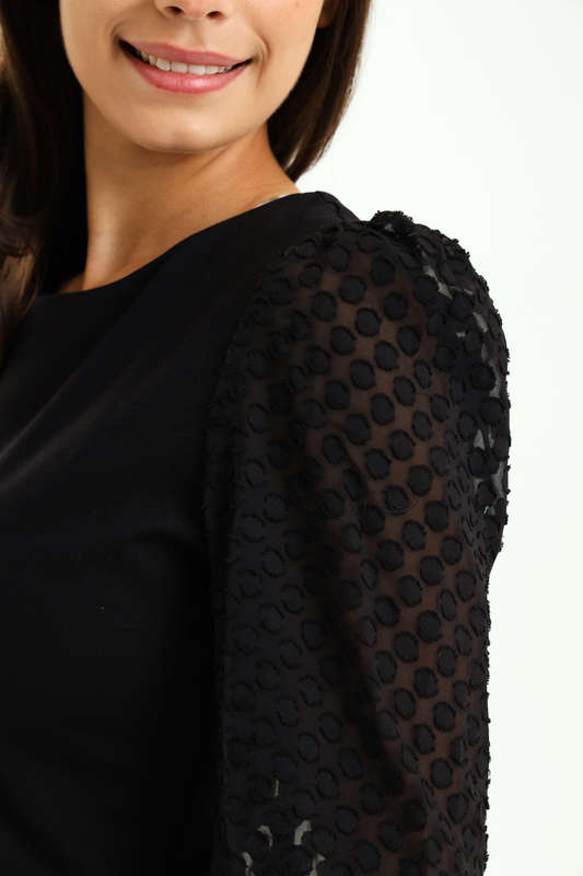 Ladies Morgan Crochet Chiffon Bubble Long Sleeve Knitted Midaxi Black Dress