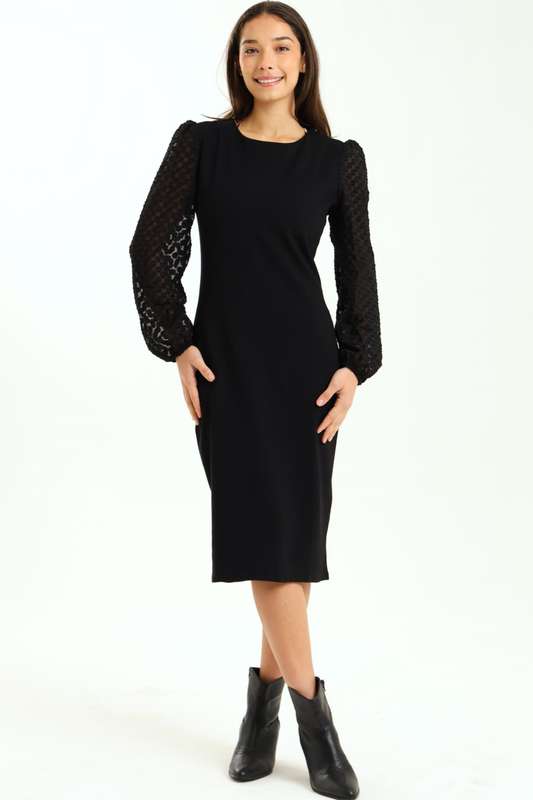 Ladies Morgan Crochet Chiffon Bubble Long Sleeve Knitted Midaxi Black Dress