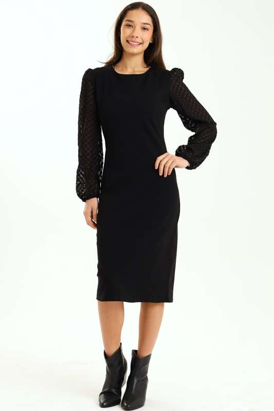 Ladies Morgan Crochet Chiffon Bubble Long Sleeve Knitted Midaxi Black Dress