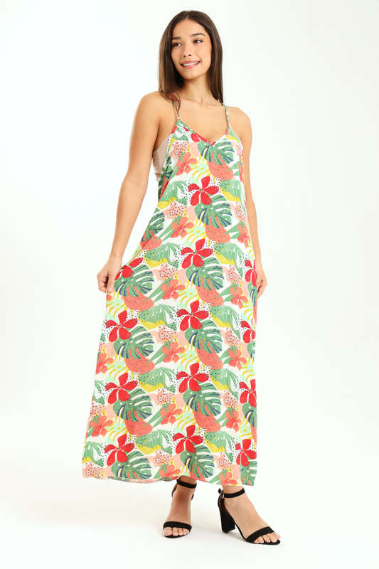 Ladies Printed Elegant Boho Casual Strappy Summer Maxi Dress With Pockets