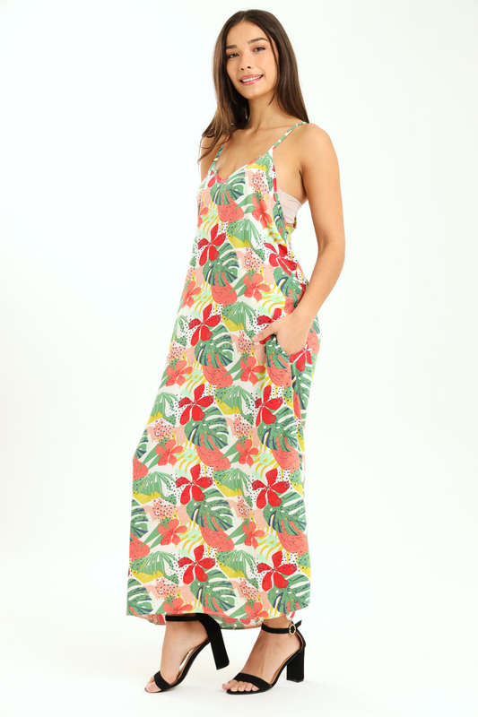 Ladies Printed Elegant Boho Casual Strappy Summer Maxi Dress With Pockets