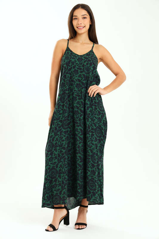 Ladies Printed Elegant Boho Casual Strappy Summer Maxi Dress With Pockets