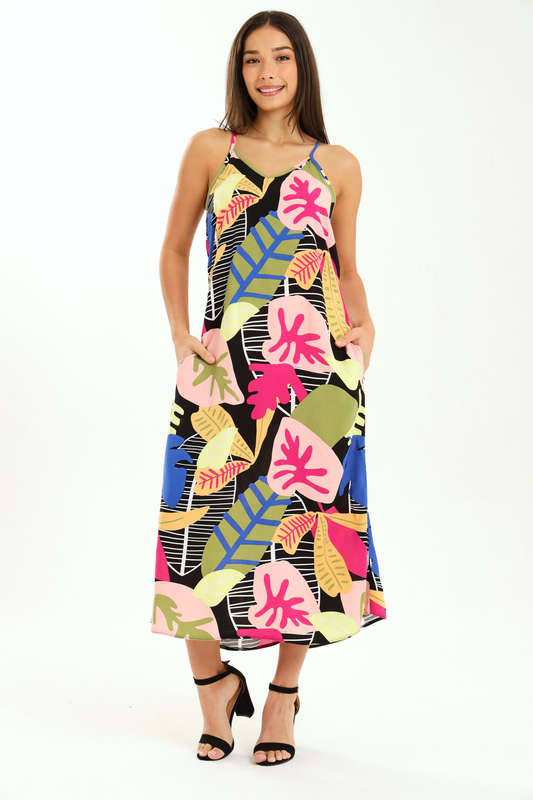 Ladies Printed Elegant Boho Casual Strappy Summer Maxi Dress With Pockets