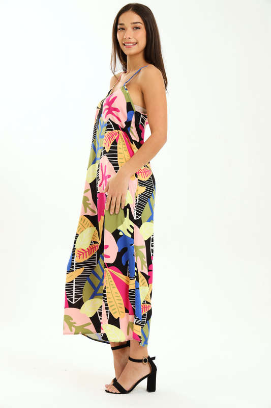 Ladies Printed Elegant Boho Casual Strappy Summer Maxi Dress With Pockets