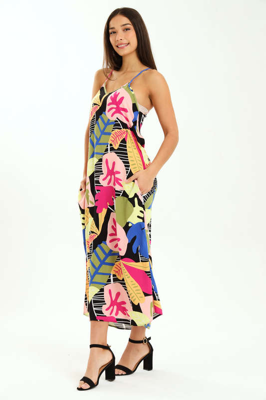 Ladies Printed Elegant Boho Casual Strappy Summer Maxi Dress With Pockets