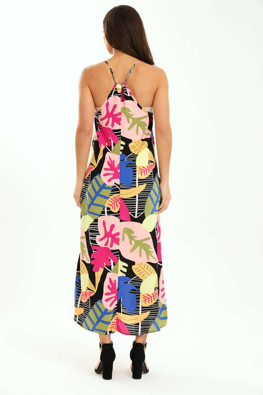 Ladies Printed Elegant Boho Casual Strappy Summer Maxi Dress With Pockets
