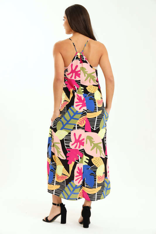 Ladies Printed Elegant Boho Casual Strappy Summer Maxi Dress With Pockets