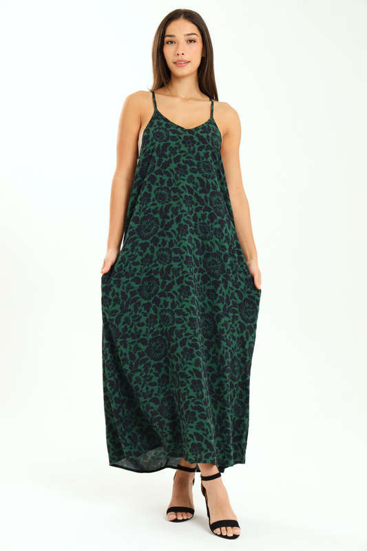 Ladies Printed Elegant Boho Casual Strappy Summer Maxi Dress With Pockets