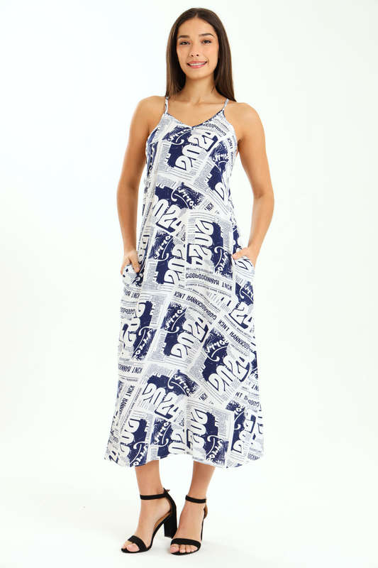 Ladies Printed Elegant Boho Casual Strappy Summer Maxi Dress With Pockets