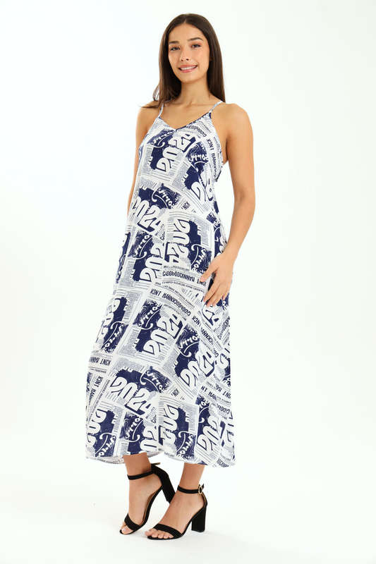 Ladies Printed Elegant Boho Casual Strappy Summer Maxi Dress With Pockets
