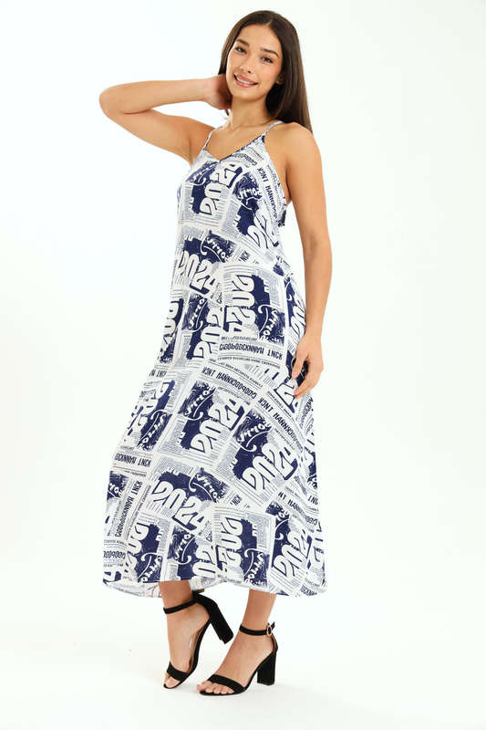 Ladies Printed Elegant Boho Casual Strappy Summer Maxi Dress With Pockets