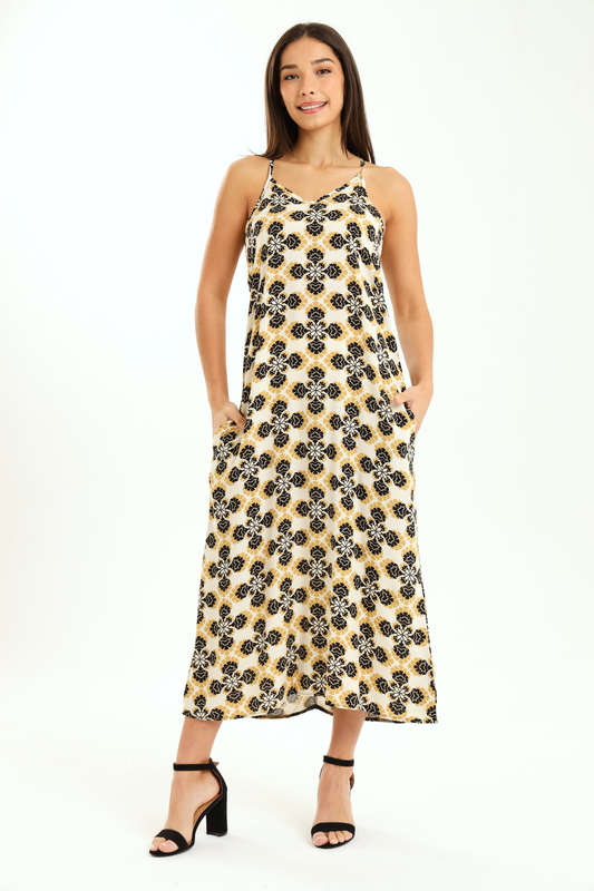 Ladies Printed Elegant Boho Casual Strappy Summer Maxi Dress With Pockets