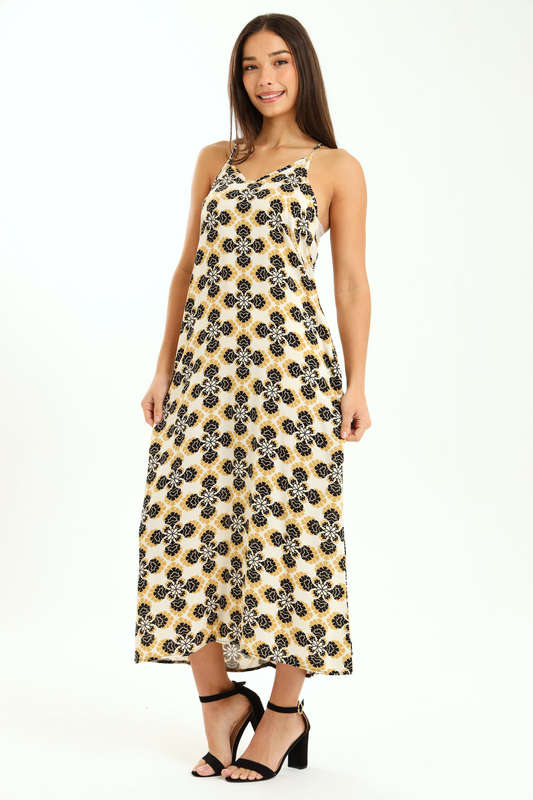 Ladies Printed Elegant Boho Casual Strappy Summer Maxi Dress With Pockets