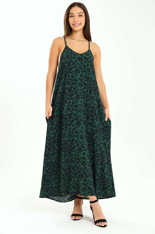 Ladies Printed Elegant Boho Casual Strappy Summer Maxi Dress With Pockets