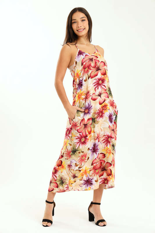Ladies Printed Elegant Boho Casual Strappy Summer Maxi Dress With Pockets