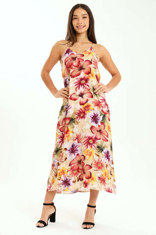 Ladies Printed Elegant Boho Casual Strappy Summer Maxi Dress With Pockets