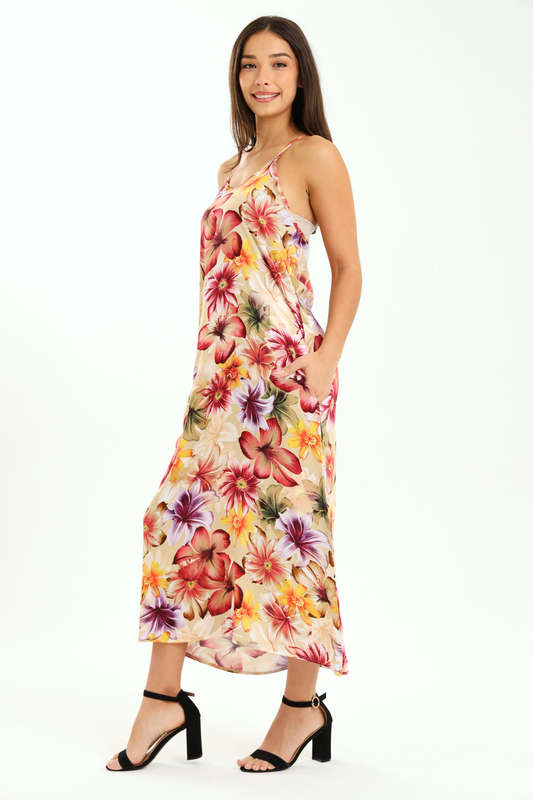Ladies Printed Elegant Boho Casual Strappy Summer Maxi Dress With Pockets