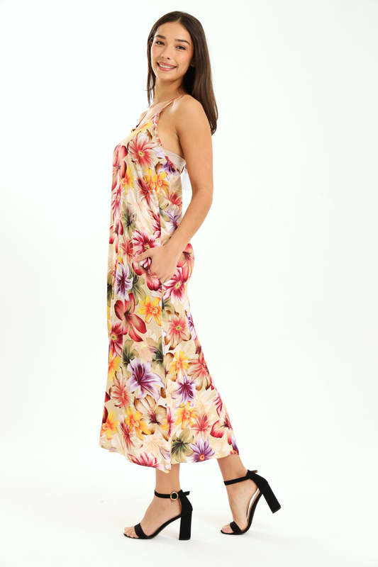 Ladies Printed Elegant Boho Casual Strappy Summer Maxi Dress With Pockets