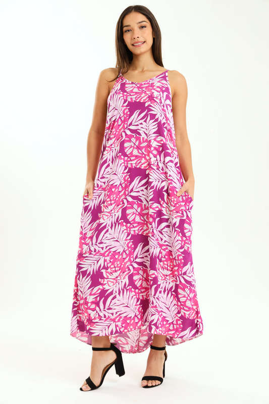 Ladies Printed Elegant Boho Casual Strappy Summer Maxi Dress With Pockets