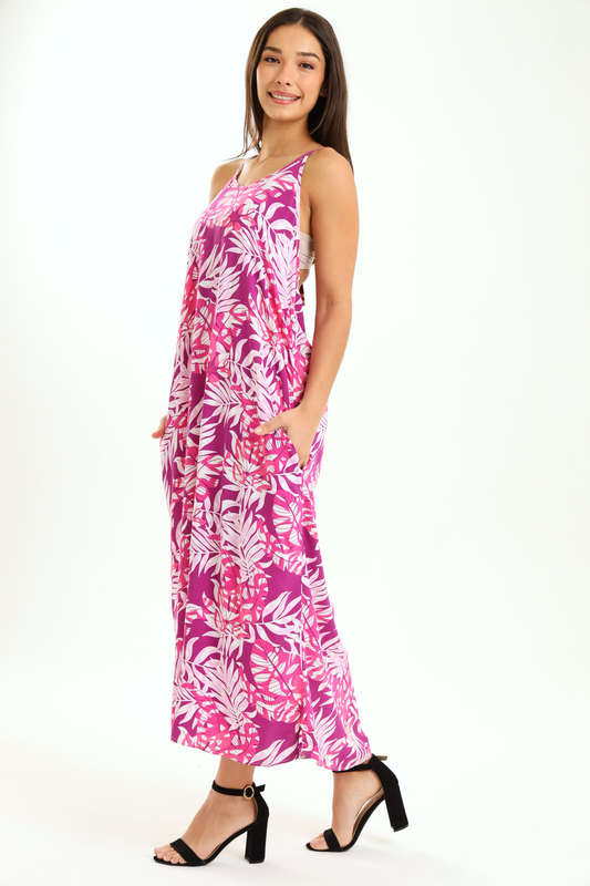 Ladies Printed Elegant Boho Casual Strappy Summer Maxi Dress With Pockets