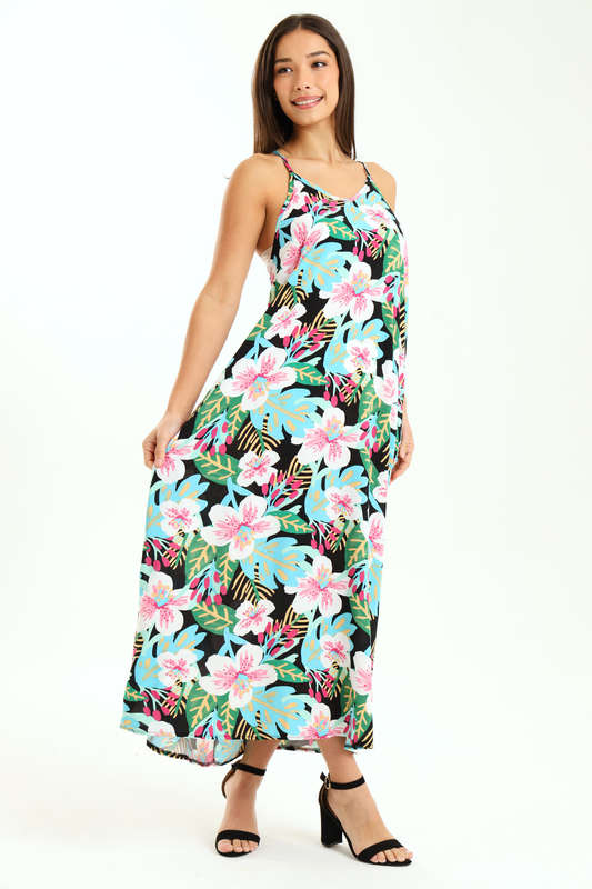 Ladies Printed Elegant Boho Casual Strappy Summer Maxi Dress With Pockets